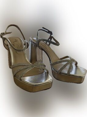 Nina Shoes Silver Metallic Rhinestone Block Heels